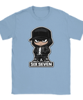 Tecknad figur i keps och hoodie med text "SIX SEVEN" på ljusblå t-shirt.