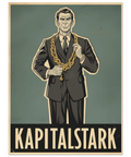 Närbild på en grafisk poster i vintage-stil föreställande en auktoritär man med guldhalsband mot grön bakgrund.