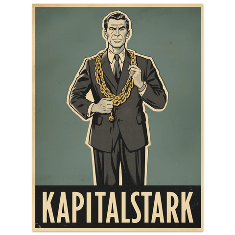 Närbild på en grafisk poster i vintage-stil föreställande en auktoritär man med guldhalsband mot grön bakgrund.