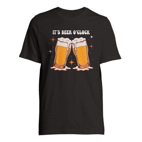 Stilren öl-illustration med texten It's Beer O'Clock på mörkgrå bakgrund