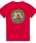 Retro badge-tryck med glad kräfta och svenska flaggor – röd t-shirt