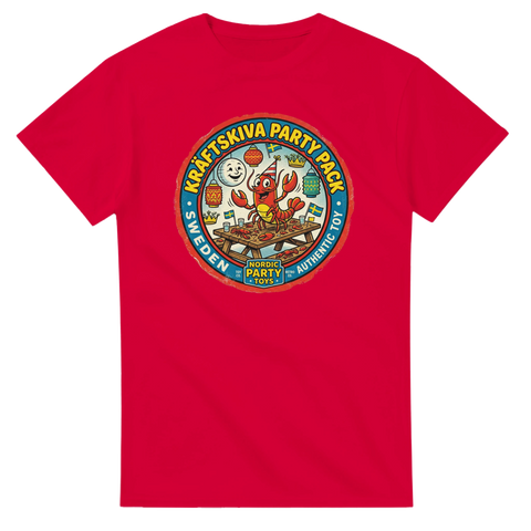 Retro badge-tryck med glad kräfta och svenska flaggor – röd t-shirt