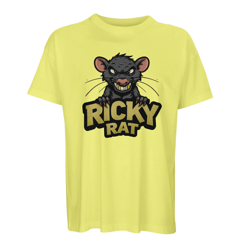 Gul t-shirt med en lekfull men kaxig cartoon-illustration av en råtta
