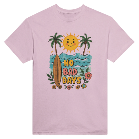 Färgstark illustration med texten No Bad Days – t-shirt med semesterkänsla