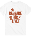 Vit t-shirt med orange text "Raggare för livet" samt illustrationer av eld, tärningar och skiftnyckel, perfekt för raggare och bilentusiaster
