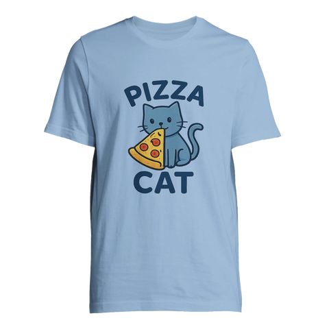 Humoristisk t-shirt i ljusblått med grafiskt motiv av en pizzakatt