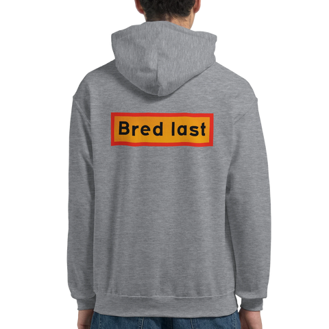 sportgrå hoodie med ryggtryck och texten bred last