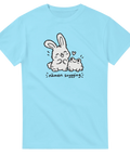 Ljusblå t-shirt med en kanin och en groda med hjärta och texten Nämen snygging.