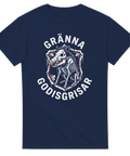 Streetwear-motiv med ilsket vildsvin och texten Gränna Godisgrisar på marinblå t-shirt