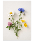 Ljus och luftig tavla föreställande vilda blommor arrangerade som en naturlig bukett med gröna stjälkar.