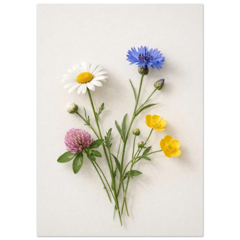 Ljus och luftig tavla föreställande vilda blommor arrangerade som en naturlig bukett med gröna stjälkar.