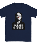Provokativ t-shirt med filmisk porträttdesign och texten Please Keep Her