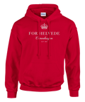 Detaljbild av vit krona och text ”For Helvede Copenhagen” på röd hoodie.