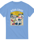 Humoristisk illustration av solbränd mås på campingstol – ljusblå t-shirt