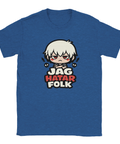 Arg chibi-karaktär med texten "Jag hatar folk" på en blå t-shirt.