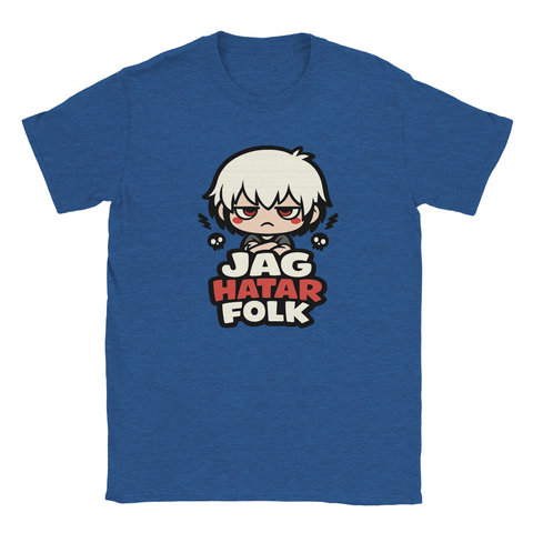 Arg chibi-karaktär med texten "Jag hatar folk" på en blå t-shirt.