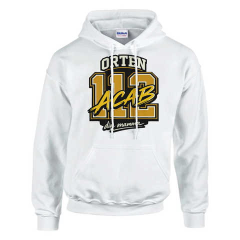 Orten 112 ACAB Din mamma-tryck i svart/guld på vit hoodie med snören och känguruficka.