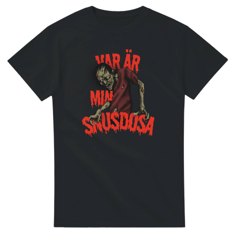 rolig t-shirt Var är min snusdosa svart tröja med zombie och röd text