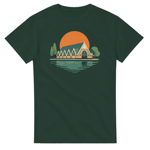Stilren illustration av Feskekörka vid vattenbrynet på en skogsgrön t-shirt