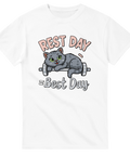 Illustration av en grå katt som vilar på en skivstång – rolig gym t-shirt
