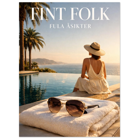 Poster med texten Fint folk fula åsikter ovanför en kvinna vid en lyxig infinitypool med palmer och hav i bakgrunden.