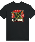 Illustration av en grön goblin med huggtänder och texten Grogg – grafisk t-shirt