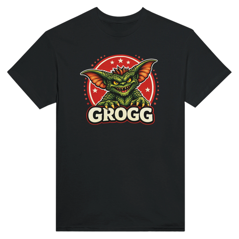 Illustration av en grön goblin med huggtänder och texten Grogg – grafisk t-shirt
