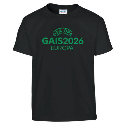 Opa Opa GAIS Europa 2026-tryck i grönt på svart barntröja, fotbollsrelaterad design.