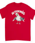 Röd t-shirt med en tecknad mås och texten IQ Fiskmås.
