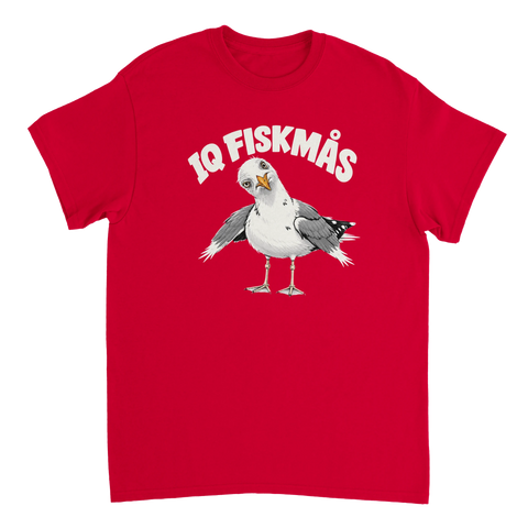 Röd t-shirt med en tecknad mås och texten IQ Fiskmås.