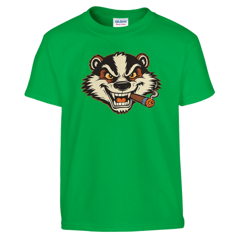 Billy Badger seriefigur med cigarr på grön barn t-shirt.
