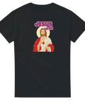 Svart t-shirt med spetsig illustration av Jesus i retrostil
