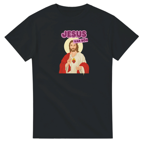 Svart t-shirt med spetsig illustration av Jesus i retrostil