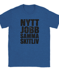 NYTT JOBB SAMMA SKITLIV" text i sliten stil på kungsblå t-shirt.