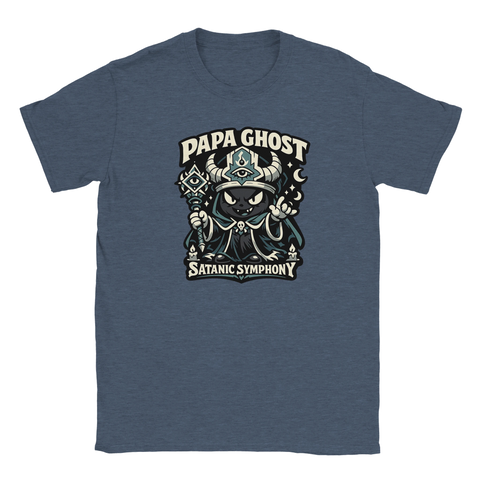 Mörkgrå melerad t-shirt med Papa Ghost – satanic symphony text och symboler