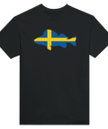 Grafiskt motiv av en abborre med svensk flagga på svart t-shirt