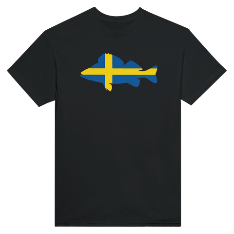 Grafiskt motiv av en abborre med svensk flagga på svart t-shirt