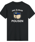 Satiriskt tryck "Jag älskar polisen" med tecknad rumpa i polismössa på svart t-shirt.