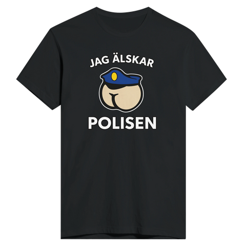 Satiriskt tryck "Jag älskar polisen" med tecknad rumpa i polismössa på svart t-shirt.