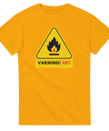 Gul t-shirt med grafiskt tryck av en flamma i varningsskylt