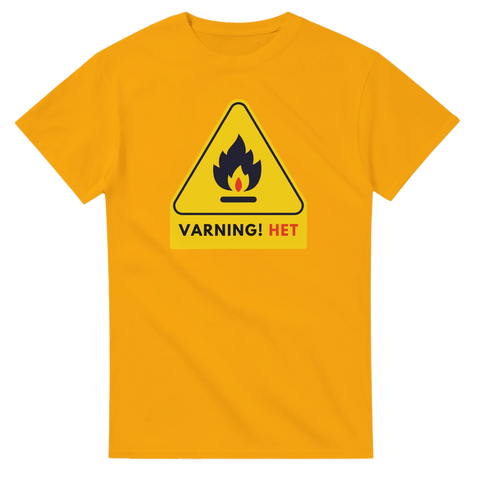 Gul t-shirt med grafiskt tryck av en flamma i varningsskylt