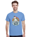 Tecknad enhörning med regnbåge och text "ALPHA MALE" på ljusblå t-shirt.