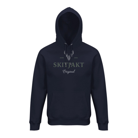 Mörkblå hoodie med Skitjakt-logotyp och hjorthuvud, framifrån, marinblå färg.