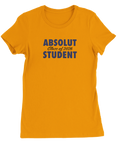 Absolut Student 2026-tryck i mörkblått på gul premium dam t-shirt med rund hals.