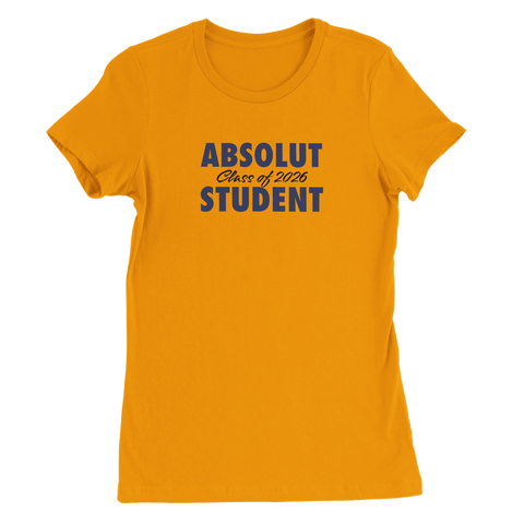 Absolut Student 2026-tryck i mörkblått på gul premium dam t-shirt med rund hals.
