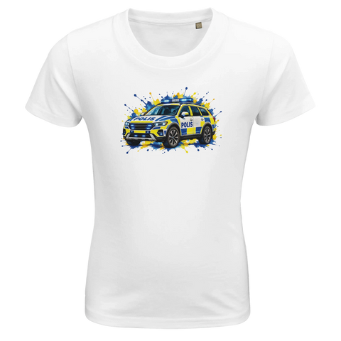 Vit barn-t-shirt med en svensk polisbil och färgstänk