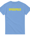 Humoristiskt språkpolis-motiv med gul typografi på en ljusblå t-shirt