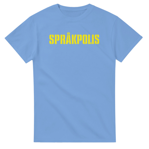Humoristiskt språkpolis-motiv med gul typografi på en ljusblå t-shirt