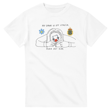 Satirisk illustration av politiker som clown med texten Nu drar vi ett streck – grafisk t-shirt