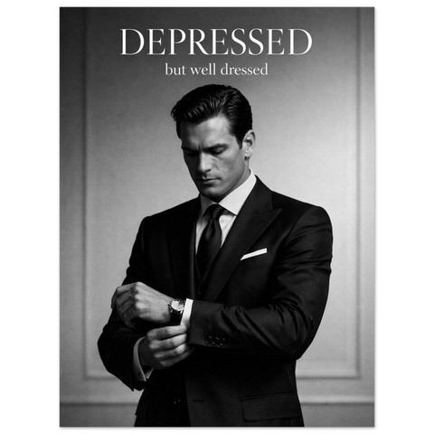 Svartvit poster på en man i mörk kostym som rättar till sin klocka under texten Depressed but well dressed.